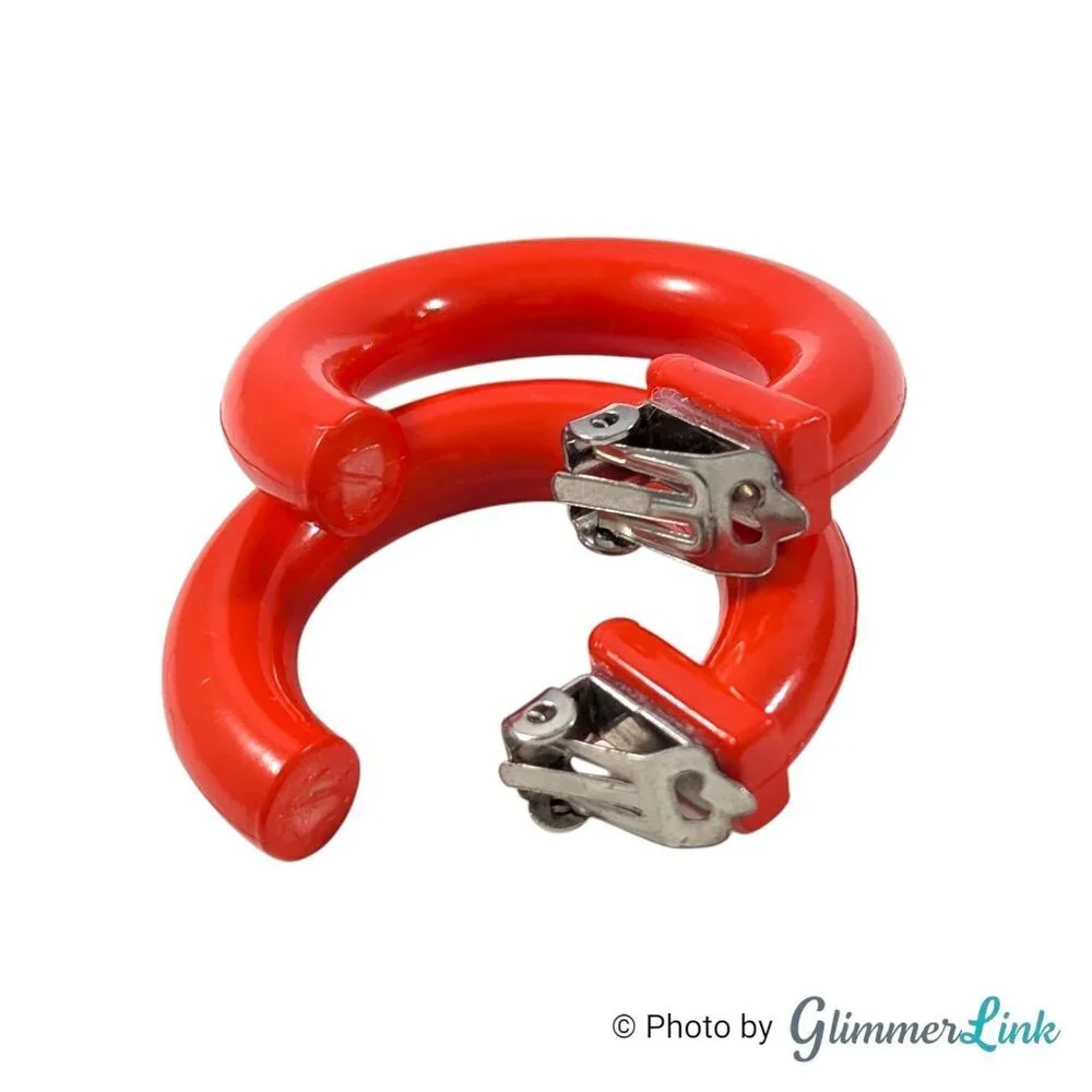 Vintage Orange Red Plastic Hoop Clip On Earrings
